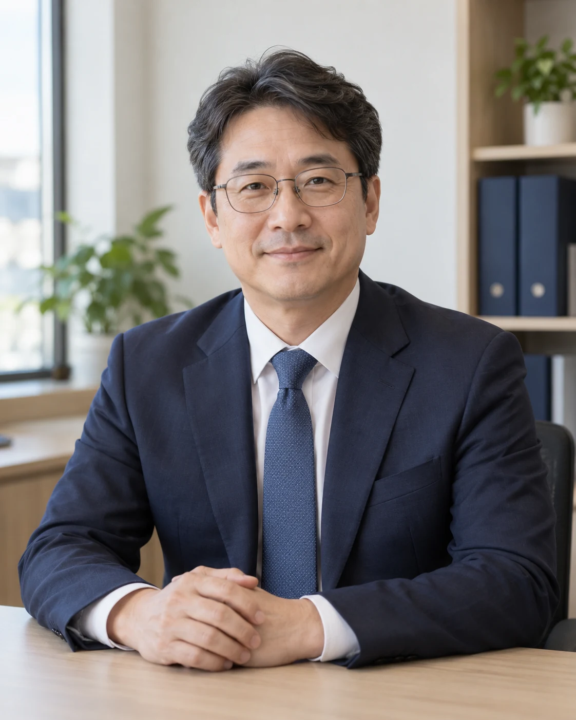정장을 입고 상담 책상에 앉은 가상의 대표 행정사 예시 인물